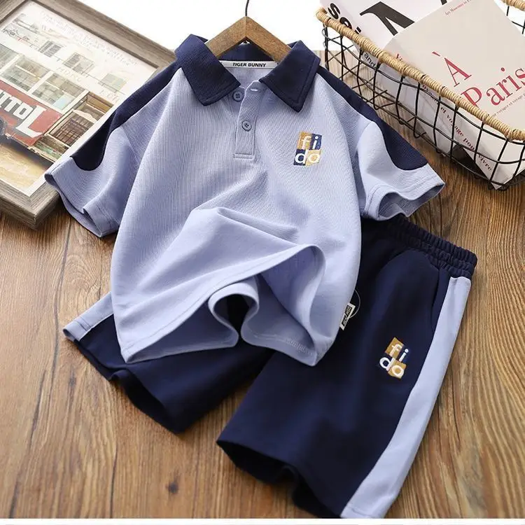 2023 Boys Summer Polo Track Suit Navy Blue Light Gray — feature 1