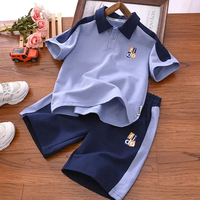 2023 Boys Summer Polo Track Suit Navy Blue Light Gray