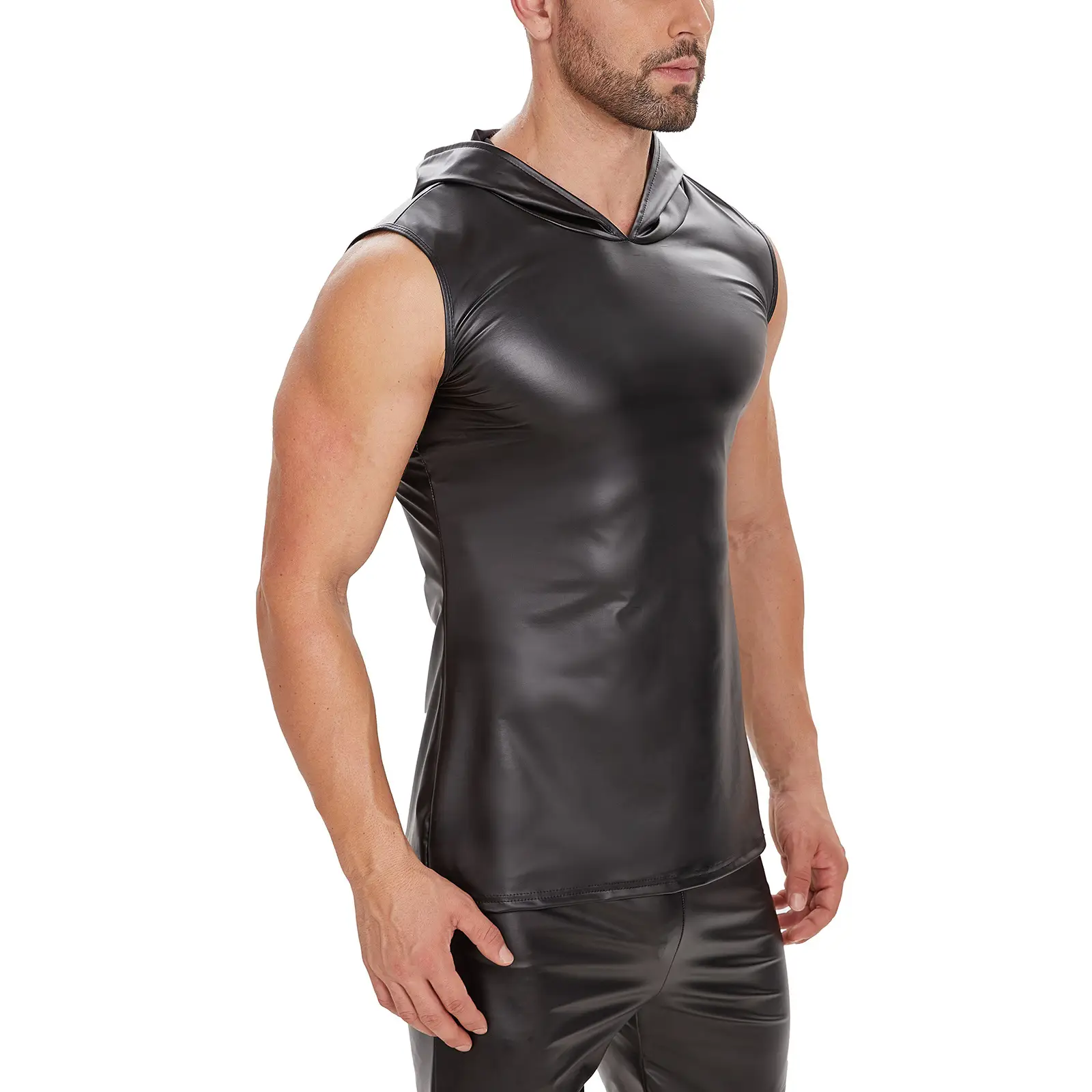 Men Matte Leather Vest Hooded Sleeveless Black