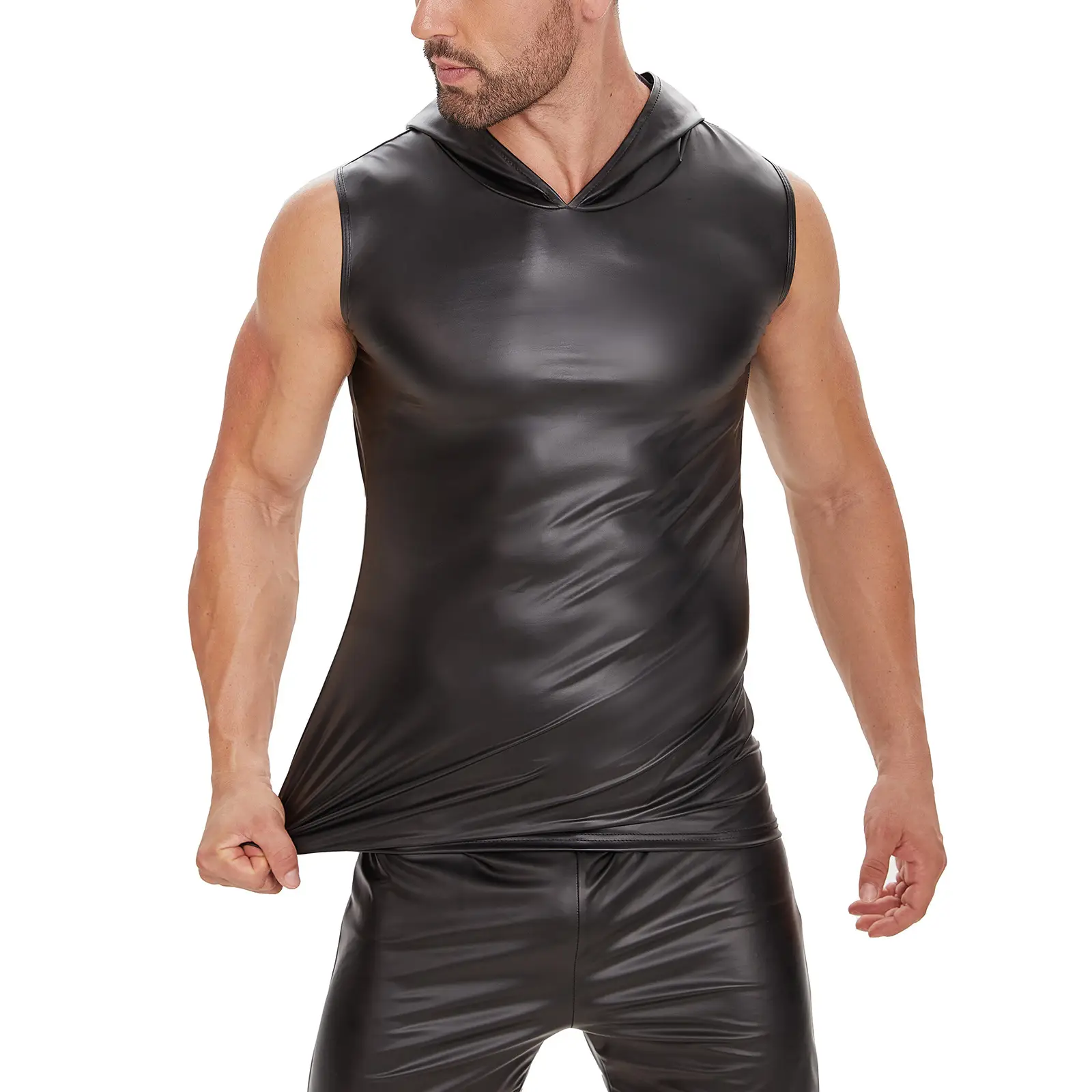 Men Matte Leather Vest Hooded Sleeveless Black