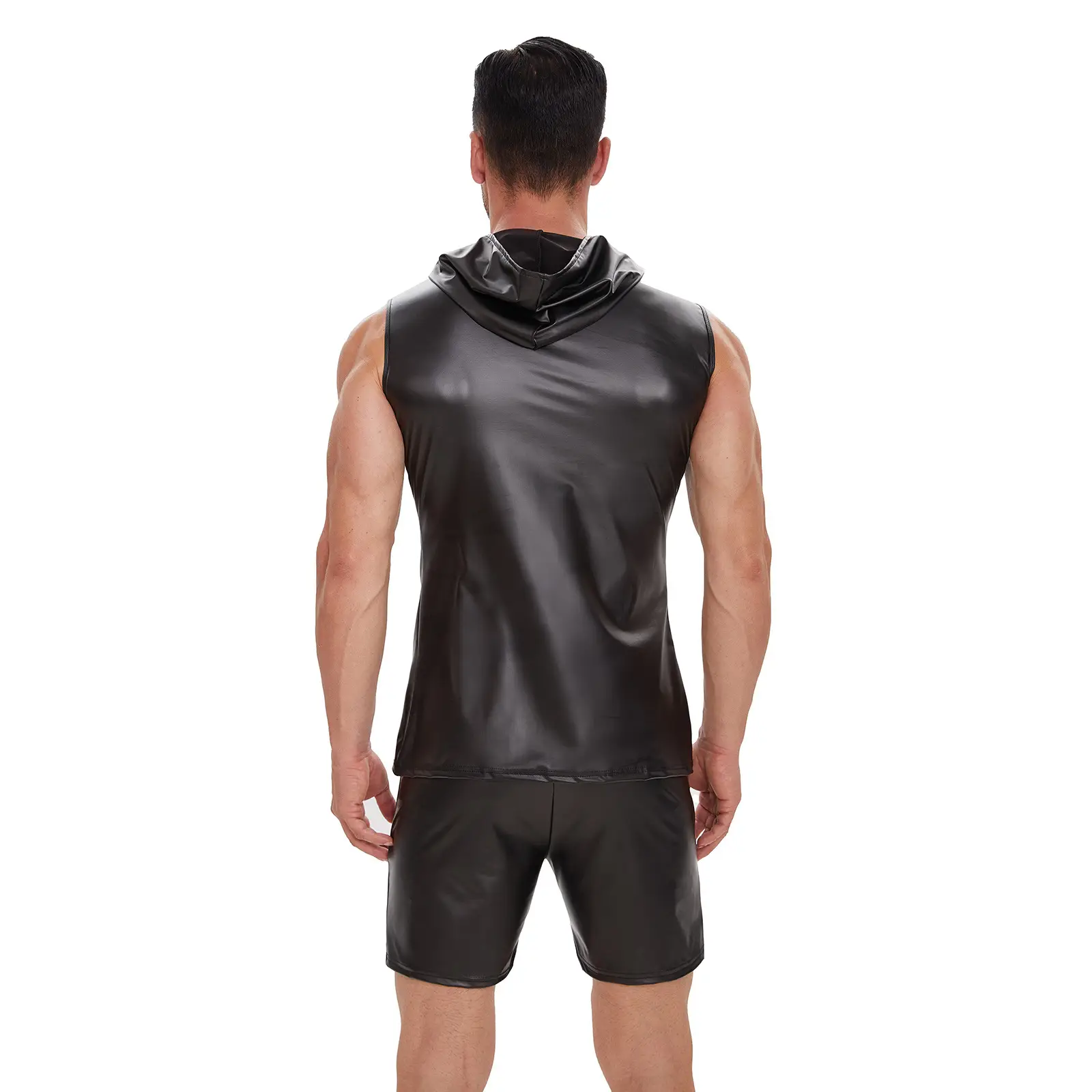 Men Matte Leather Vest Hooded Sleeveless Black — feature 3