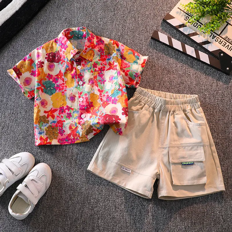 Children Floral Shirt Shorts Set Summer Boys Casual White Sneakers - Image 5