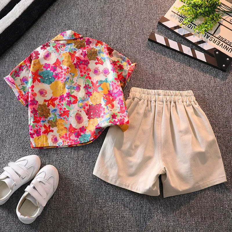 Children Floral Shirt Shorts Set Summer Boys Casual White Sneakers - Image 6