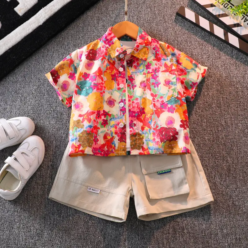 Children Floral Shirt Shorts Set Summer Boys Casual White Sneakers - Image 7