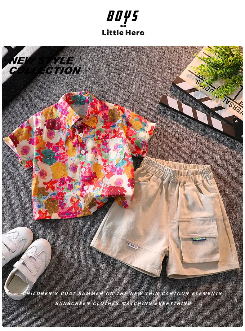 Children Floral Shirt Shorts Set Summer Boys Casual White Sneakers — feature 1