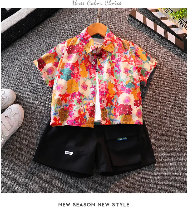 Children Floral Shirt Shorts Set Summer Boys Casual White Sneakers — feature 11