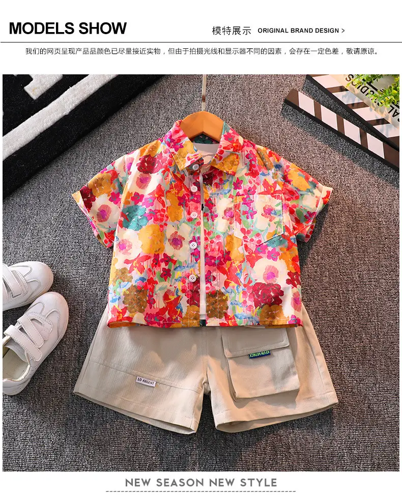 Children Floral Shirt Shorts Set Summer Boys Casual White Sneakers — feature 6