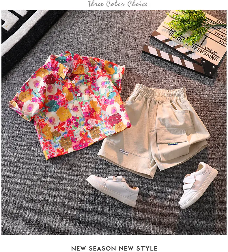 Children Floral Shirt Shorts Set Summer Boys Casual White Sneakers — feature 8