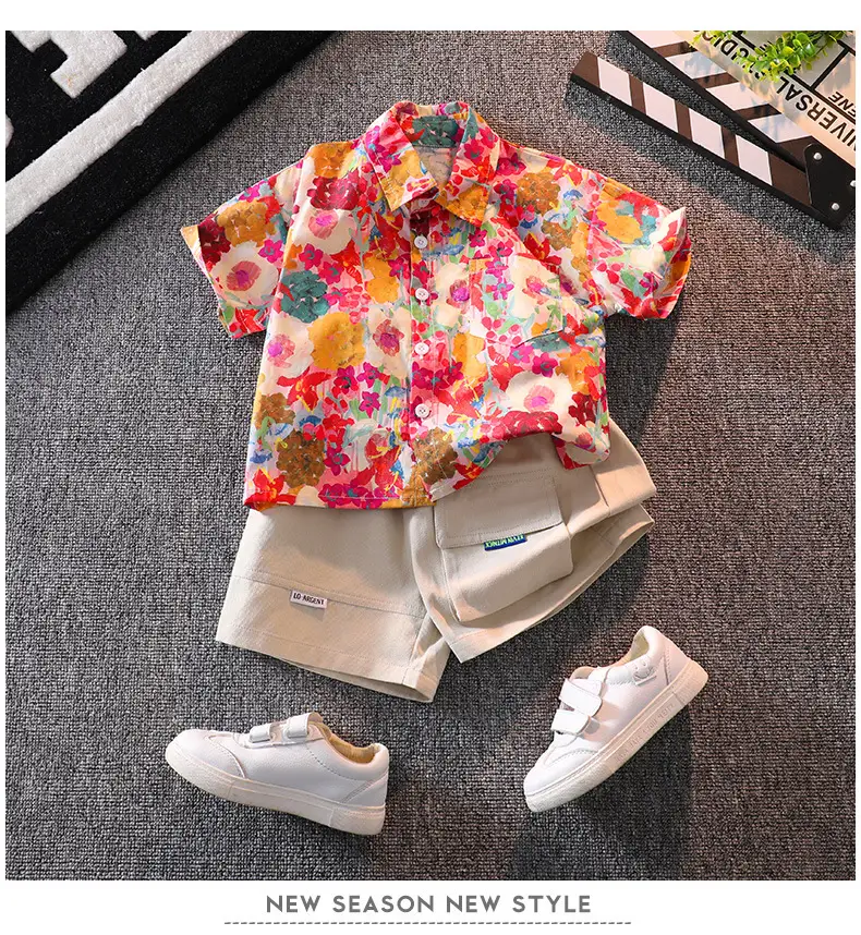 Children Floral Shirt Shorts Set Summer Boys Casual White Sneakers — feature 9