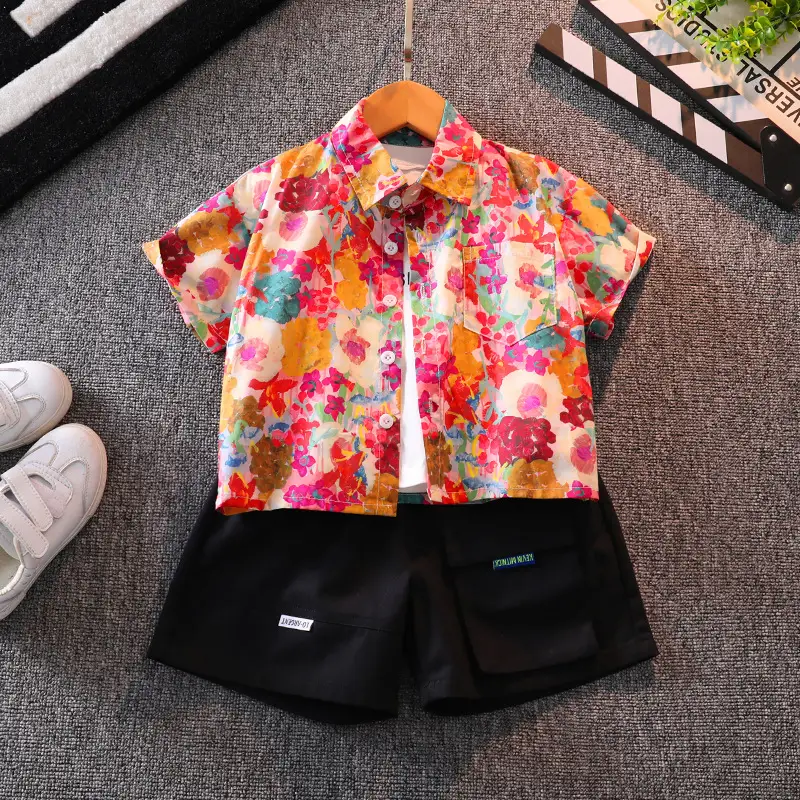 Children Floral Shirt Shorts Set Summer Boys Casual White Sneakers - Image 3