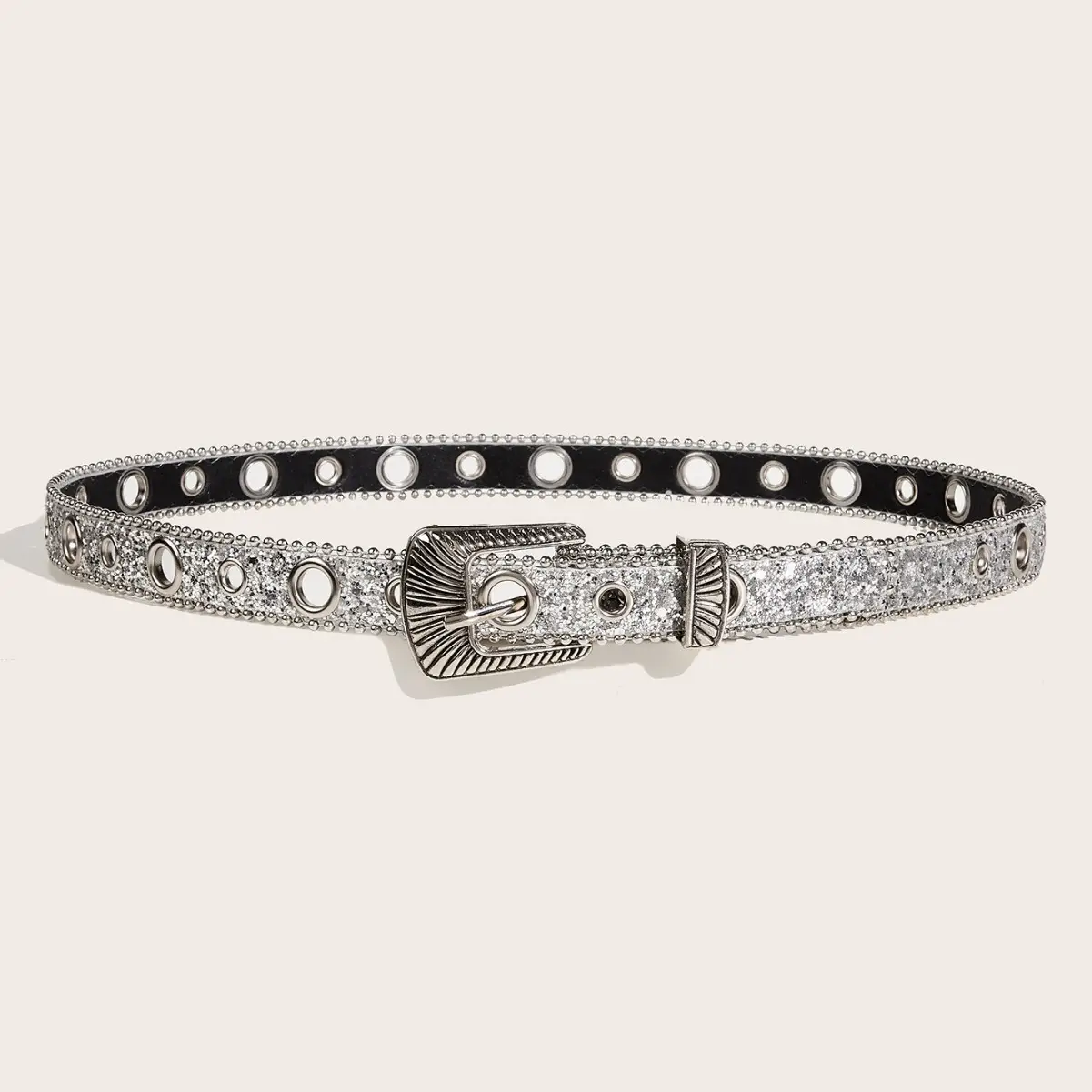 Silver Carved Buckle Belt for Women with Sequins - Image 3