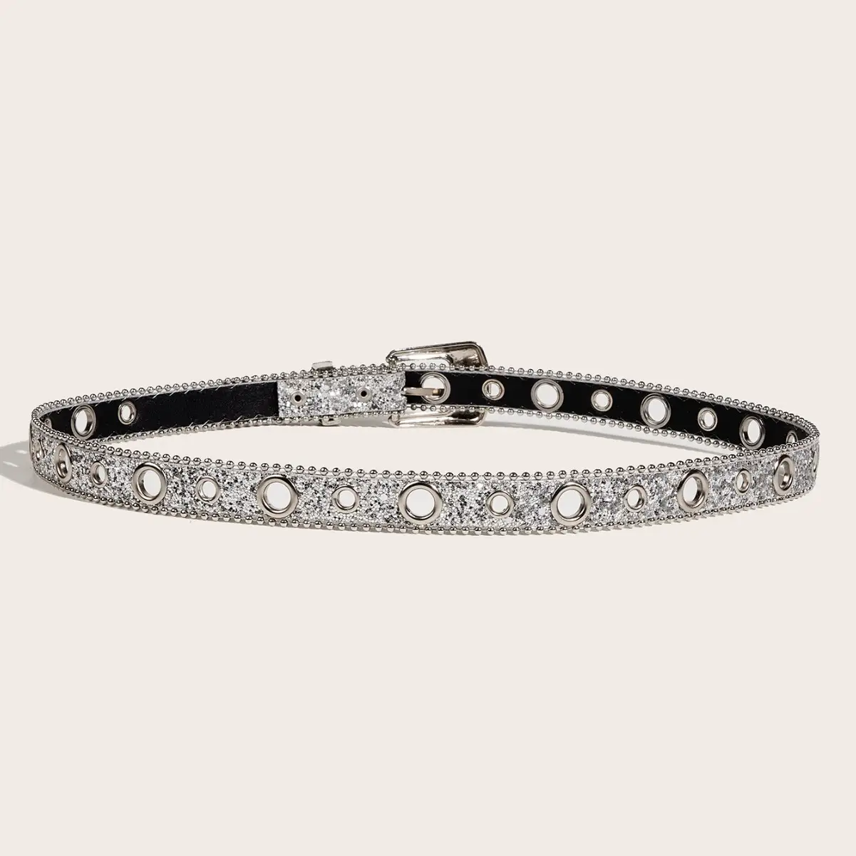 Silver Carved Buckle Belt for Women with Sequins - Image 4