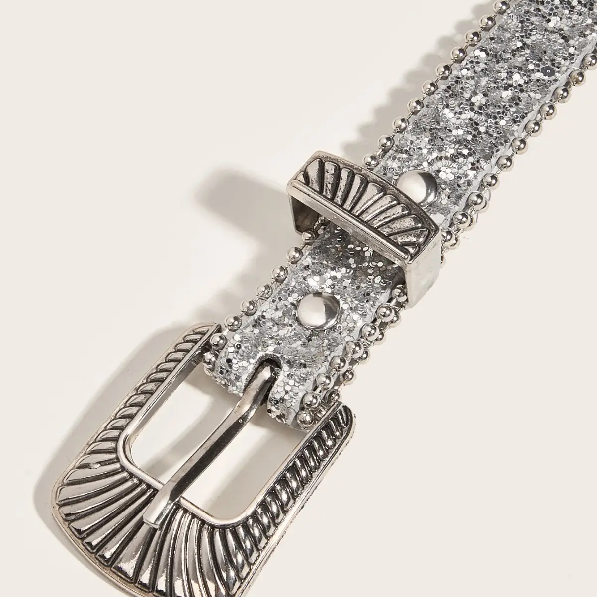Silver Carved Buckle Belt for Women with Sequins - Image 5