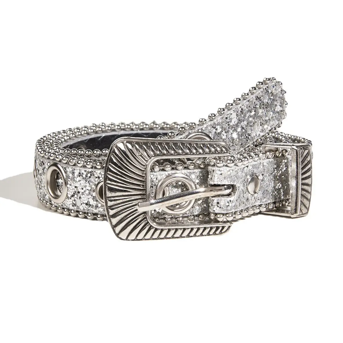 Silver Carved Buckle Belt for Women with Sequins - Image 6