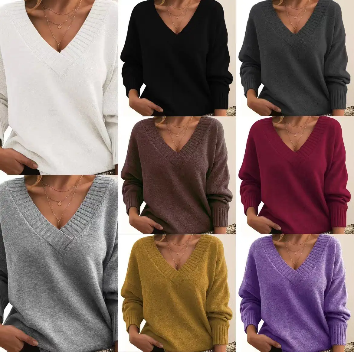 Women's V-neck Pullover Sweater Brown Loose Fit