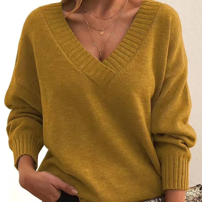 Women's V-neck Pullover Sweater Brown Loose Fit