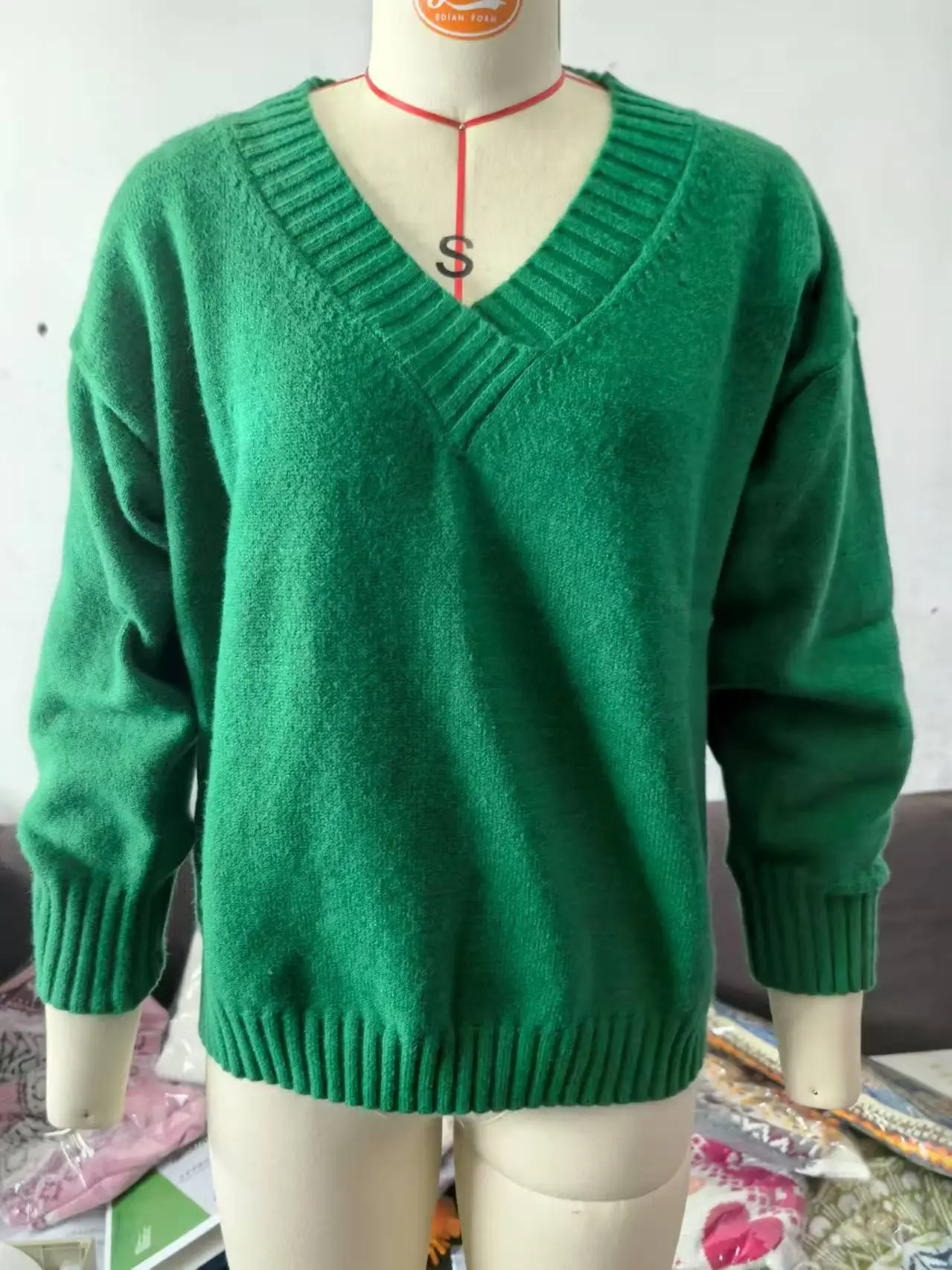 Women's V-neck Pullover Sweater Brown Loose Fit