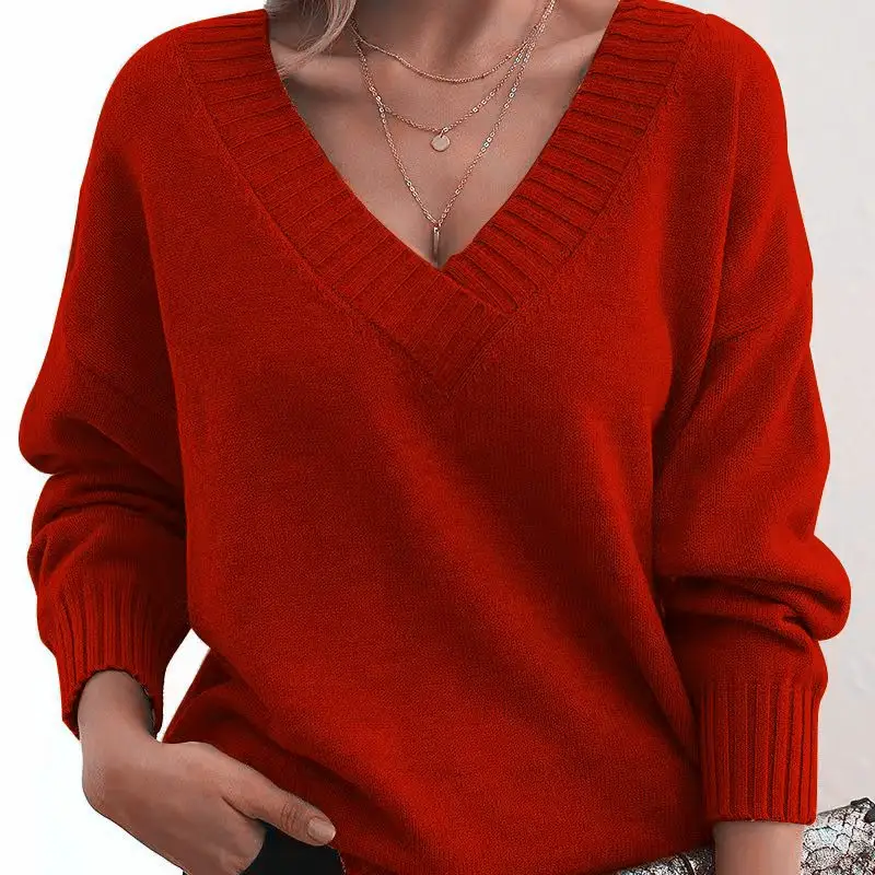 Women's V-neck Pullover Sweater Brown Loose Fit