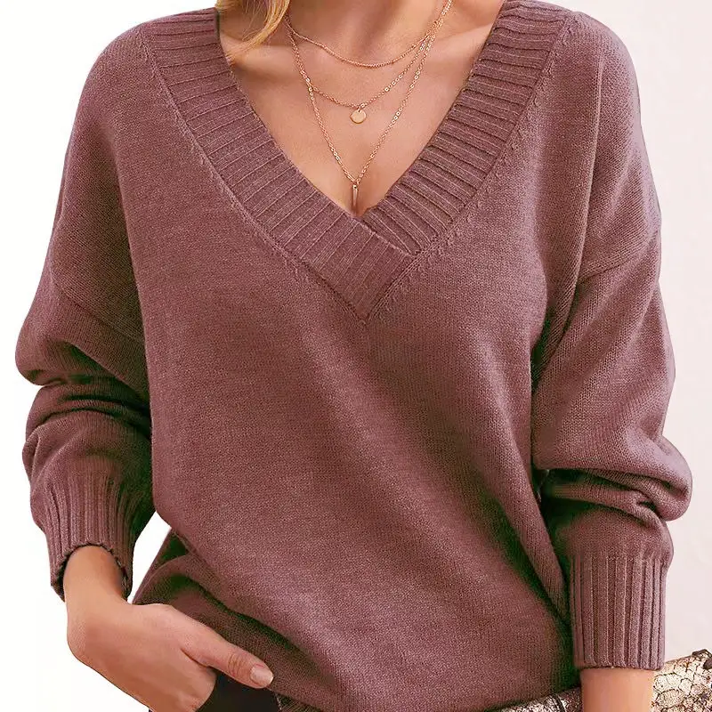 Women's V-neck Pullover Sweater Brown Loose Fit