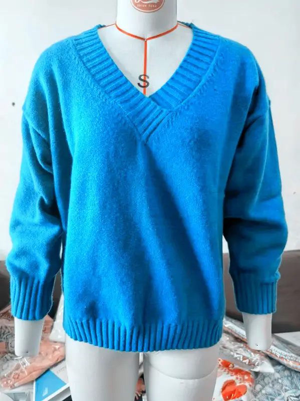 Women's V-neck Pullover Sweater Brown Loose Fit
