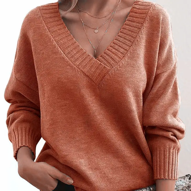 Women's V-neck Pullover Sweater Brown Loose Fit
