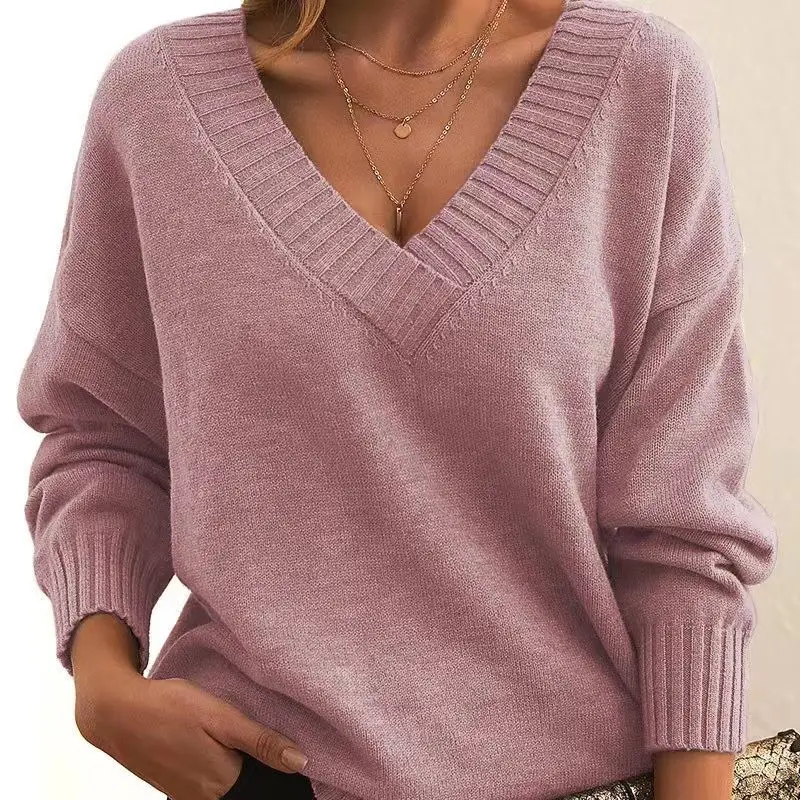 Women's V-neck Pullover Sweater Brown Loose Fit