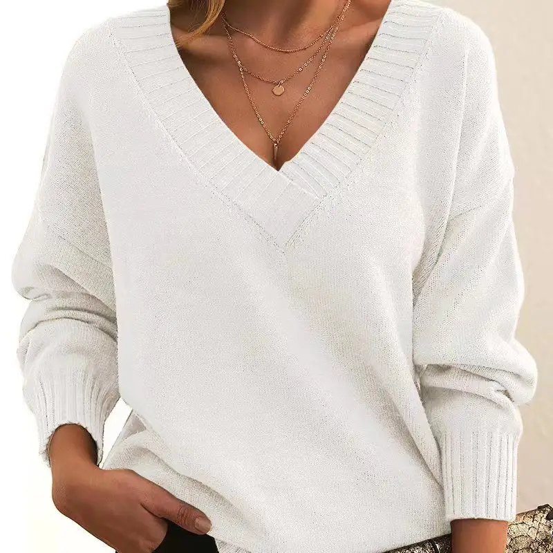 Women's V-neck Pullover Sweater Brown Loose Fit
