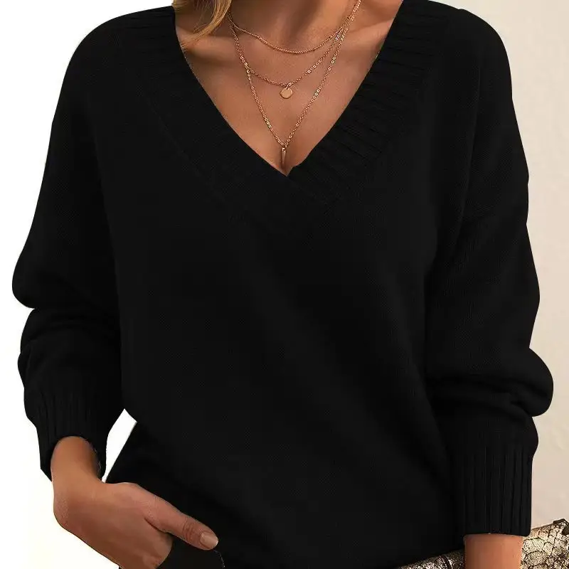 Women's V-neck Pullover Sweater Brown Loose Fit