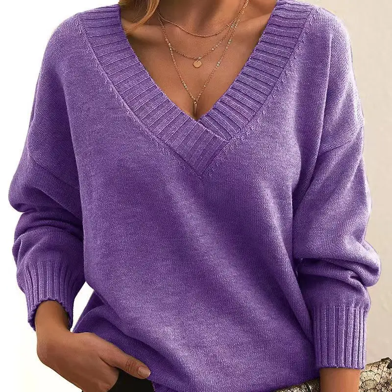 Women's V-neck Pullover Sweater Brown Loose Fit