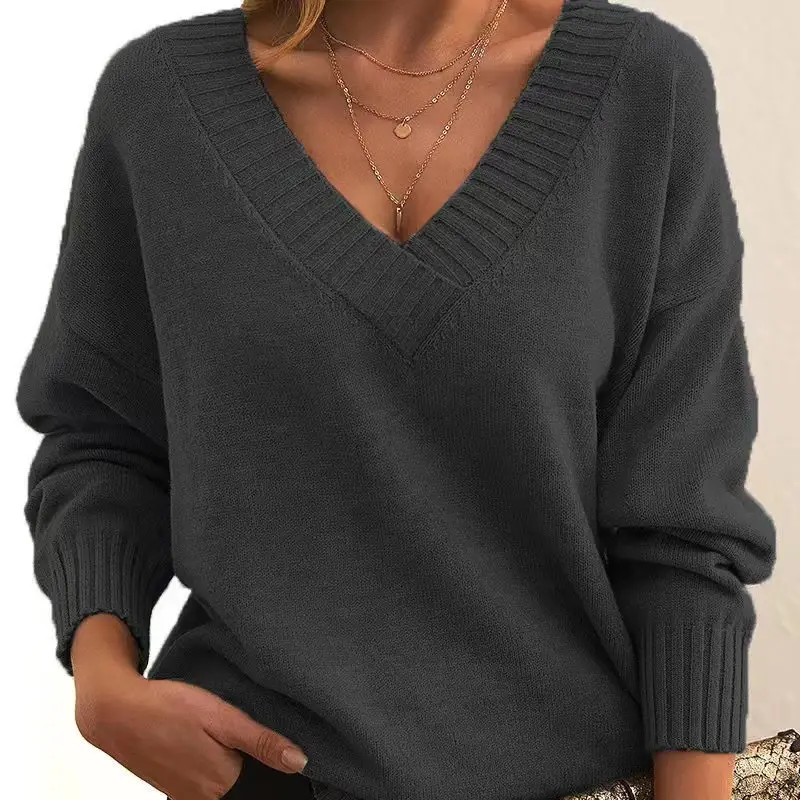 Women's V-neck Pullover Sweater Brown Loose Fit