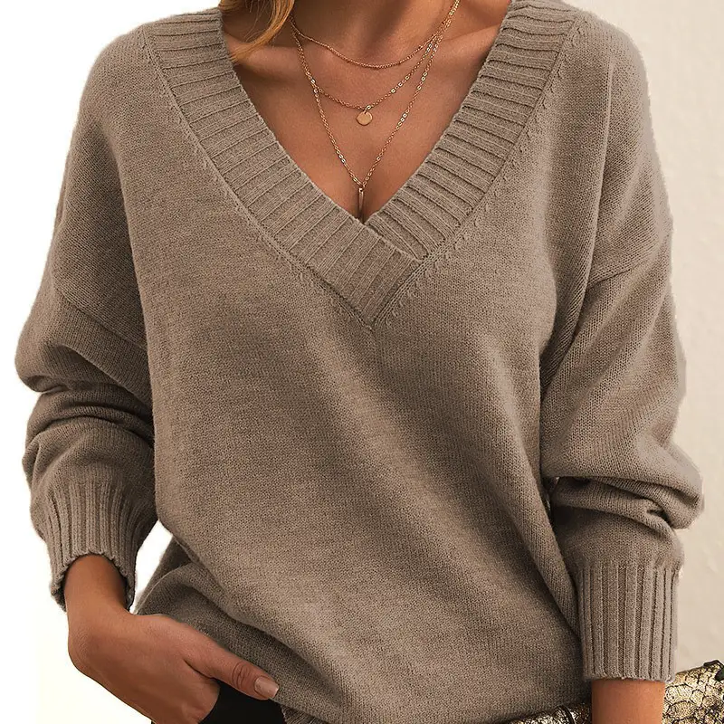 Women's V-neck Pullover Sweater Brown Loose Fit
