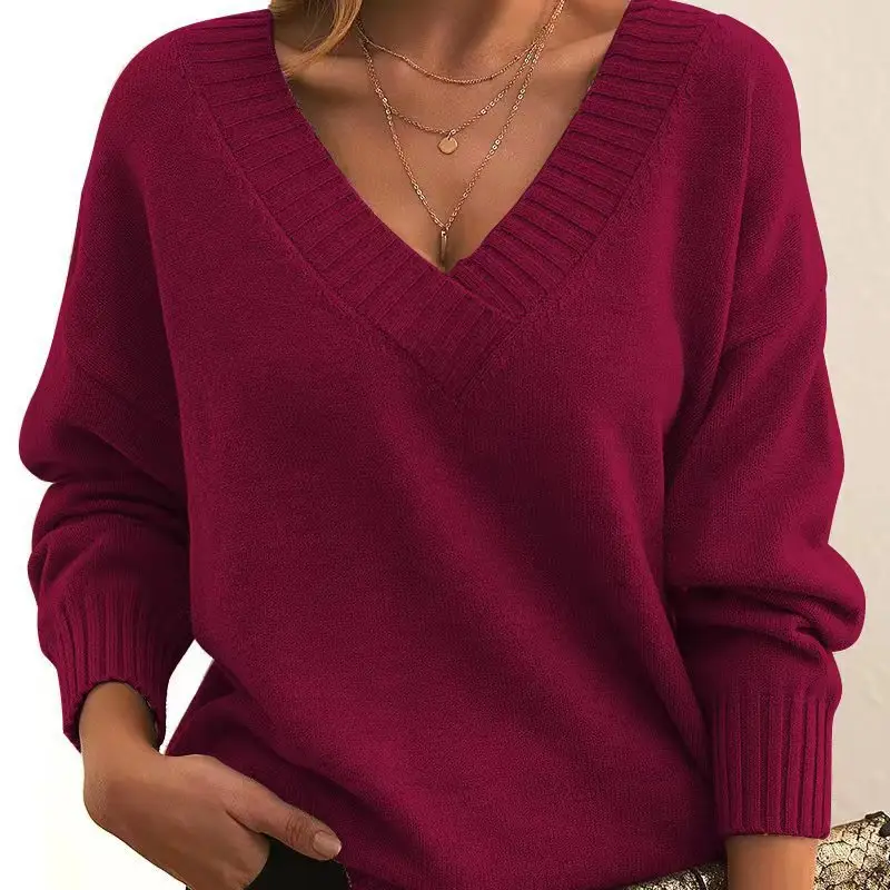 Women's V-neck Pullover Sweater Brown Loose Fit