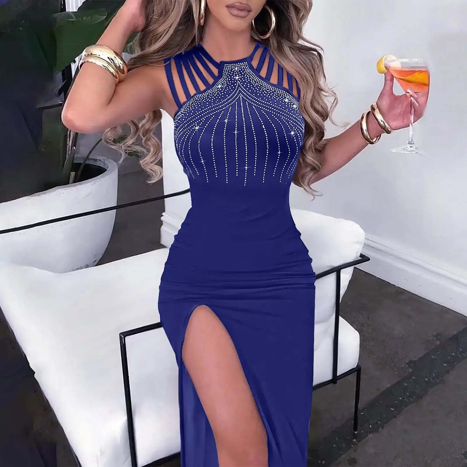 2023 Blue Crossed High Slit Nightwear Dress - Image 6