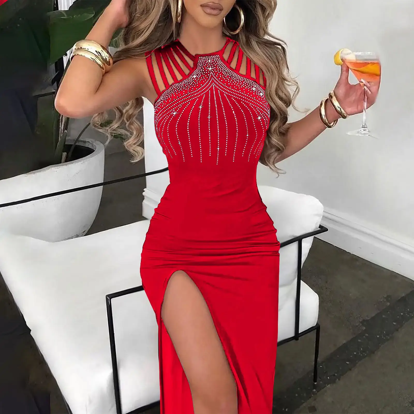 2023 Blue Crossed High Slit Nightwear Dress - Image 2
