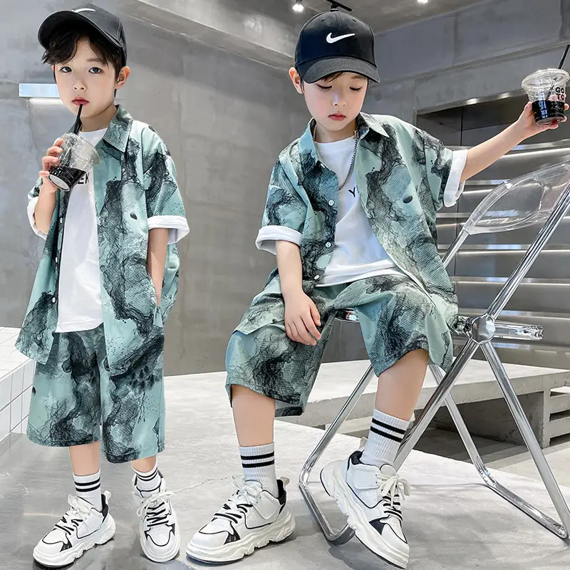 Chinese Style Boys Summer Shirt Set White Tie Dye Shorts - Image 4