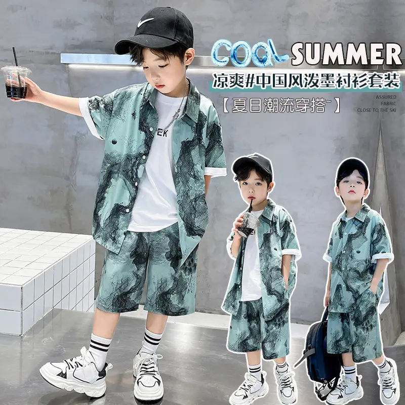 Chinese Style Boys Summer Shirt Set White Tie Dye Shorts - Image 5