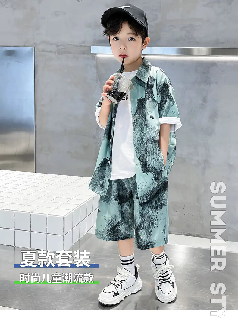 Chinese Style Boys Summer Shirt Set White Tie Dye Shorts — feature 1
