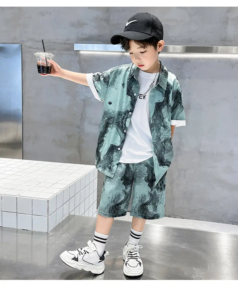 Chinese Style Boys Summer Shirt Set White Tie Dye Shorts — feature 10
