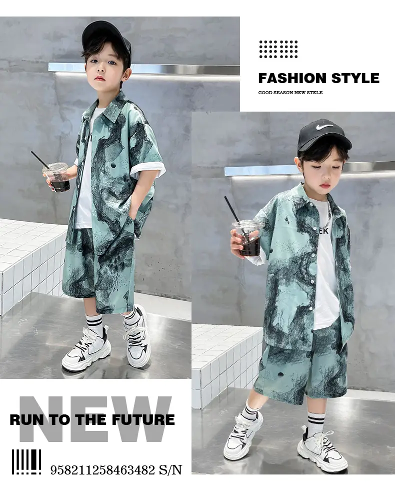 Chinese Style Boys Summer Shirt Set White Tie Dye Shorts — feature 11