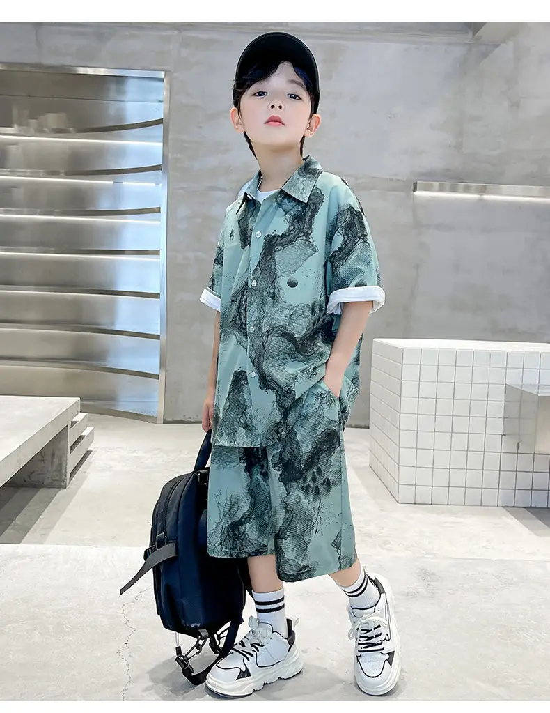 Chinese Style Boys Summer Shirt Set White Tie Dye Shorts — feature 13