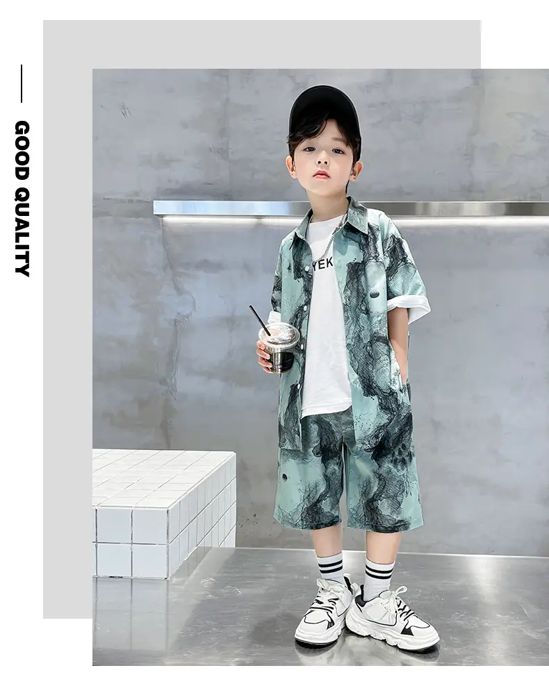Chinese Style Boys Summer Shirt Set White Tie Dye Shorts — feature 14