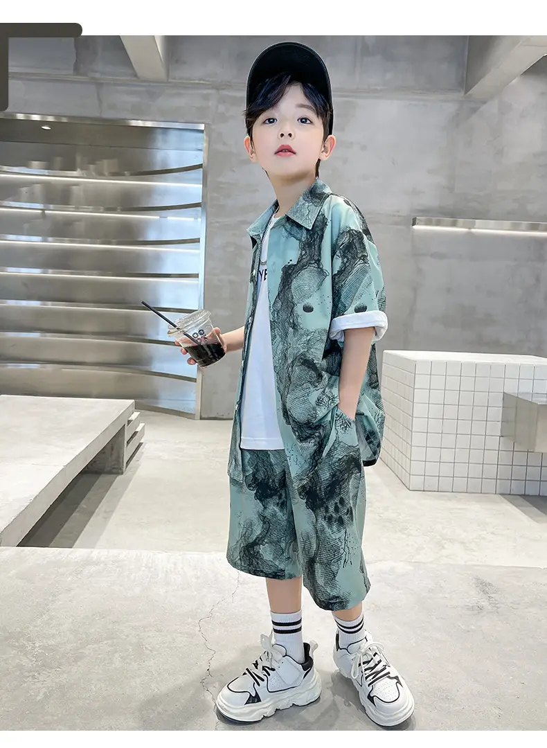 Chinese Style Boys Summer Shirt Set White Tie Dye Shorts — feature 15
