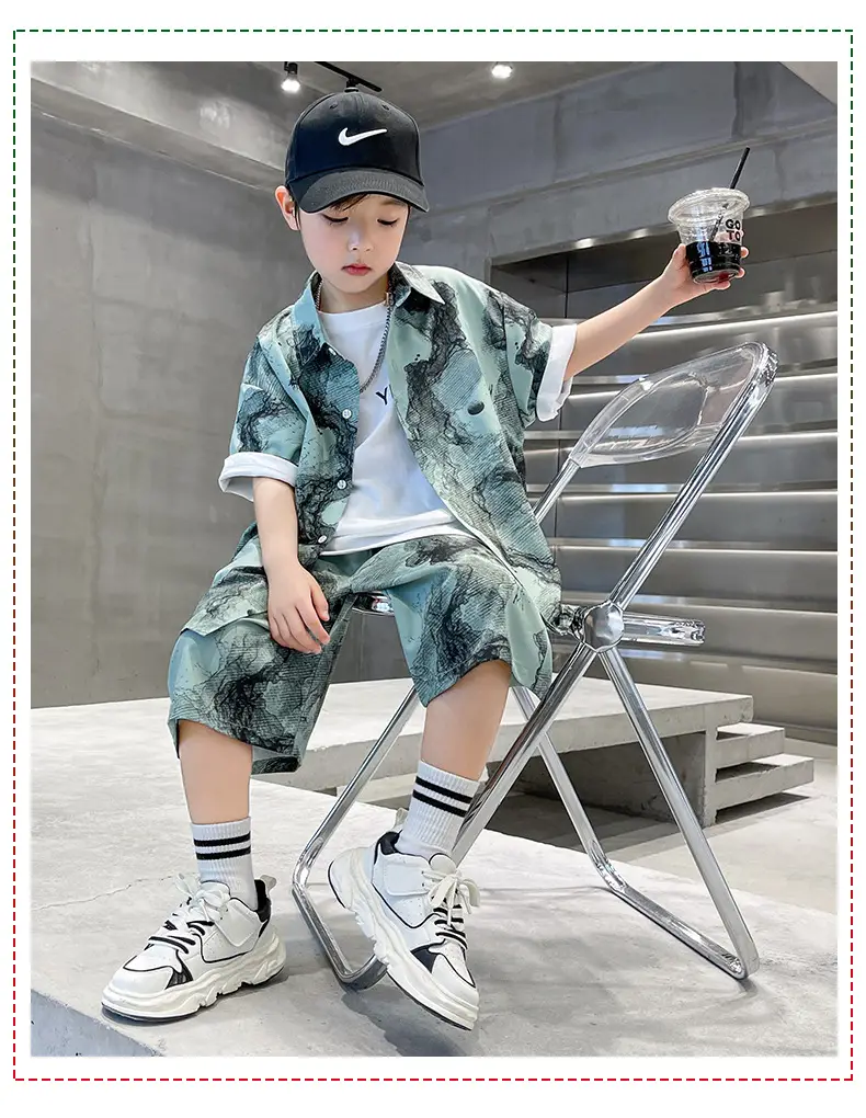 Chinese Style Boys Summer Shirt Set White Tie Dye Shorts — feature 16