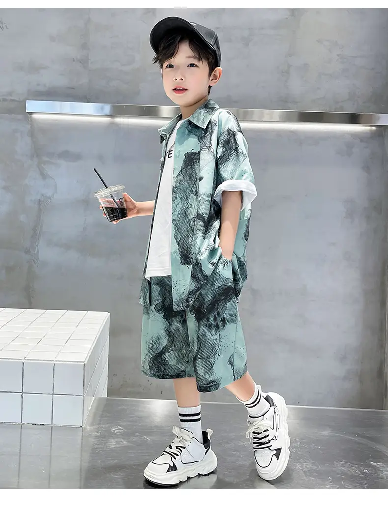 Chinese Style Boys Summer Shirt Set White Tie Dye Shorts — feature 17