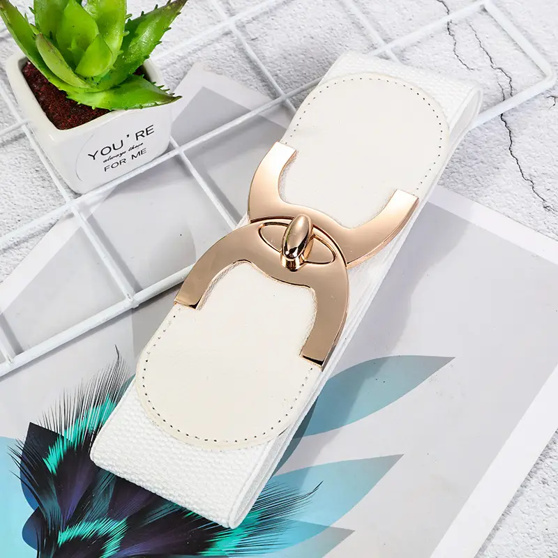 Women's White Elastic Belt Sandals with Gold Logo — feature 6