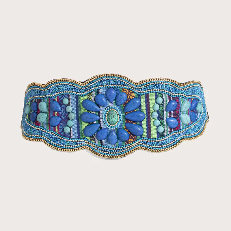 New Style Women's Heavy Industry Bohemian Turquoise Handmade Bead Waist Seal Ethnic Style Yunnan Elathe Snap Buckle Belt - Image 9