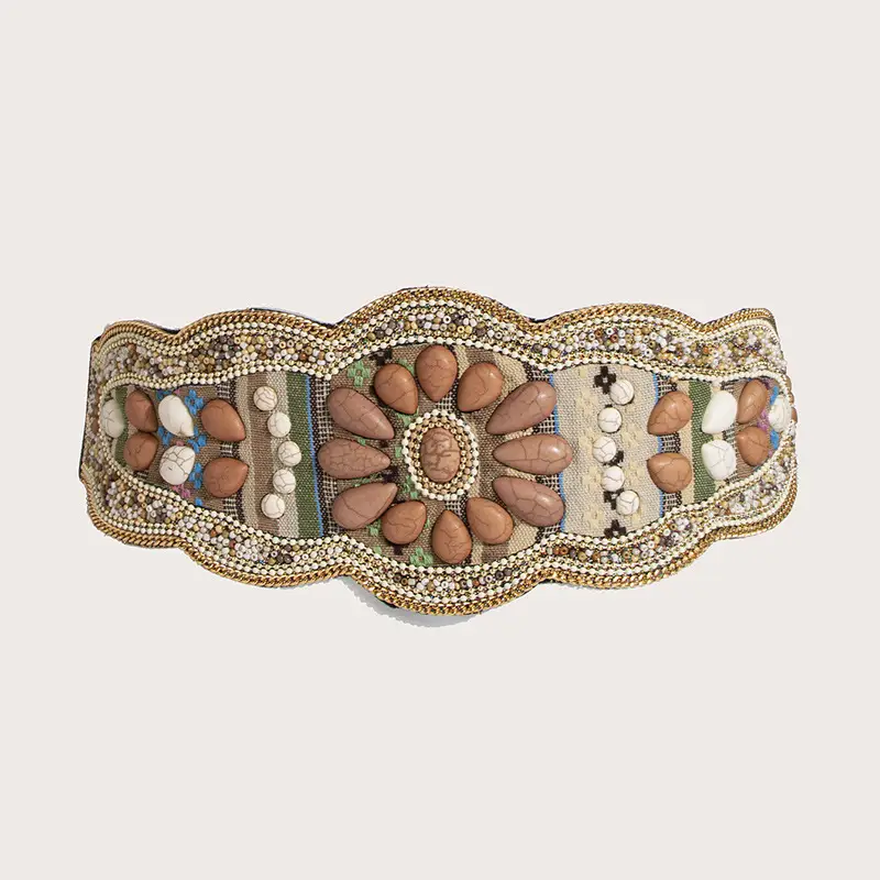 New Style Women's Heavy Industry Bohemian Turquoise Handmade Bead Waist Seal Ethnic Style Yunnan Elathe Snap Buckle Belt - Image 10