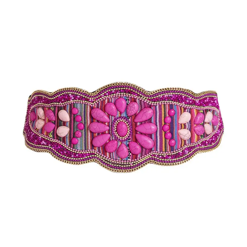 New Style Women's Heavy Industry Bohemian Turquoise Handmade Bead Waist Seal Ethnic Style Yunnan Elathe Snap Buckle Belt - Image 11
