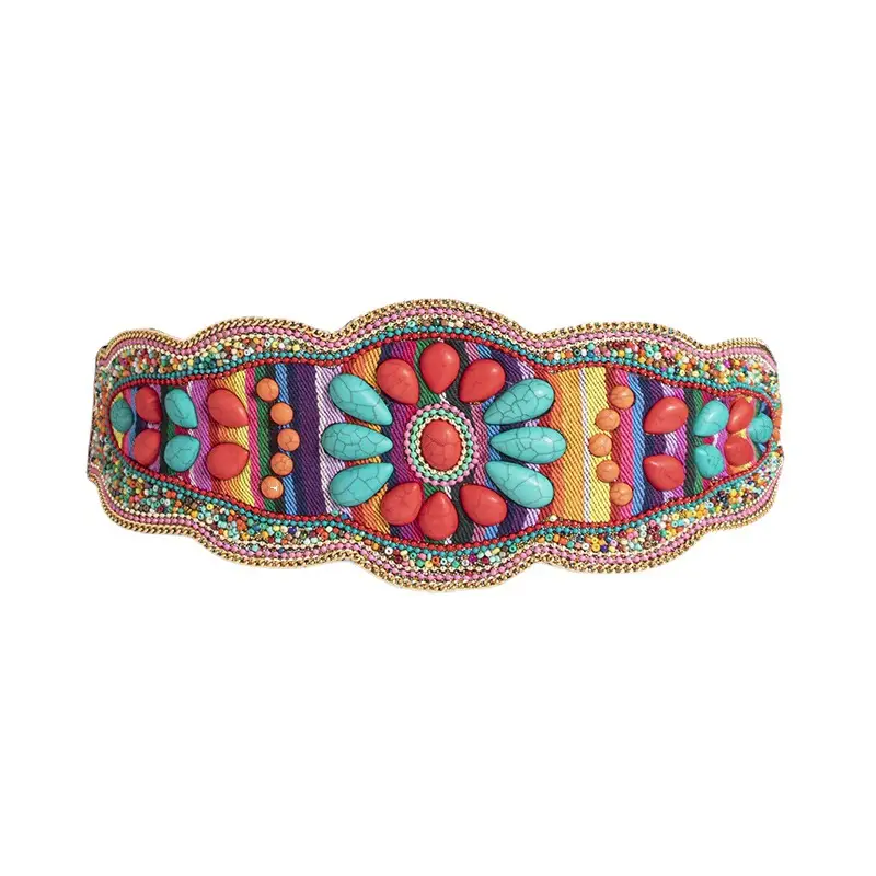 New Style Women's Heavy Industry Bohemian Turquoise Handmade Bead Waist Seal Ethnic Style Yunnan Elathe Snap Buckle Belt - Image 12