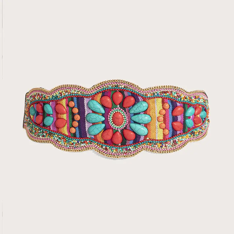 New Style Women's Heavy Industry Bohemian Turquoise Handmade Bead Waist Seal Ethnic Style Yunnan Elathe Snap Buckle Belt - Image 4